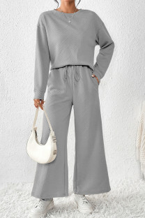 Grey Casual Solid Color Draw String Pocket Patchwork O Neck Long Sleeve Two Pieces