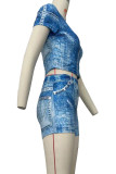 Blue Sexy Print Patchwork O Neck Short Sleeve Two Pieces