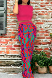 Rose Red Casual Geometric Print Pocket Contrast O Neck Short Sleeve Two Pieces