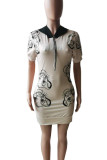 Red Street Print Pocket Patchwork V Neck Wrapped Skirt Dresses