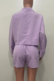 Purple Casual Solid Color Buckle Patchwork Turndown Collar Long Sleeve Two Pieces