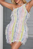 Colour Sexy Fringed Trim Patchwork Backless Oblique Collar Wrapped Skirt Dresses