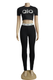 Black Casual Letter Print Patchwork O Neck Short Sleeve Two Pieces