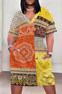 Orange Casual National Totem Print Pocket Contrast V Neck Printed Plus Size Dresses