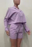 Purple Casual Solid Color Buckle Patchwork Turndown Collar Long Sleeve Two Pieces