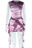 Pink Brown Sexy Print Patchwork O Neck Wrapped Skirt Dresses