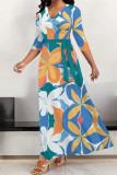 Multicolor Street Elegant Floral Print Lace Up V Neck Printed Dresses