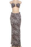 Leopard Print Sexy Leopard Print Hollow Out Patchwork Backless Strap Design Strapless Sleeveless Two Pieces