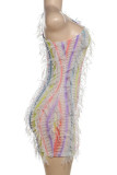 Colour Sexy Fringed Trim Patchwork Backless Oblique Collar Wrapped Skirt Dresses