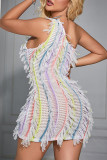 Colour Sexy Fringed Trim Patchwork Backless Oblique Collar Wrapped Skirt Dresses