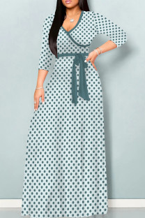 Light Green Casual Print Patchwork Strap Design V Neck Long Dresses