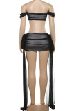 Black Sexy Solid Color Patchwork Ruched Mesh Strapless Short Sleeve Two Pieces