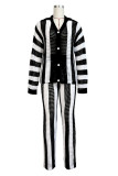 Blue Casual Stripe Patchwork Contrast Turndown Collar Long Sleeve Two Pieces
