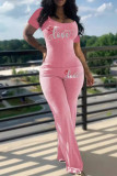 Pink Casual Letters Patchwork U Neck Short Sleeve Two Pieces