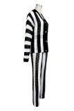 Blue Casual Stripe Patchwork Contrast Turndown Collar Long Sleeve Two Pieces