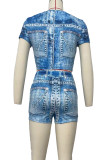 Blue Sexy Print Patchwork O Neck Short Sleeve Two Pieces