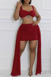 Black Sexy Solid Color Patchwork Backless Ruched Ruffled Trim Square Neck Sleeveless Two Pieces