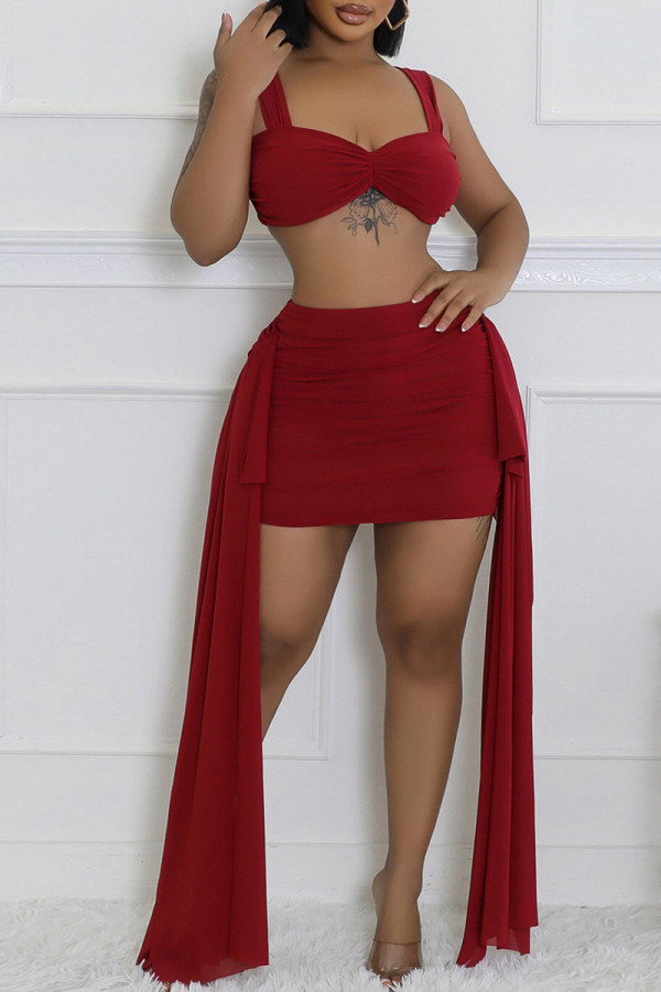 Red Sexy Solid Color Patchwork Backless Ruched Ruffled Trim Square Neck Sleeveless Two Pieces