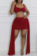 Red Sexy Solid Color Patchwork Backless Ruched Ruffled Trim Square Neck Sleeveless Two Pieces