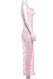 Pink Sexy Lace Patchwork See-Through Backless Spaghetti Strap Sling Dresses