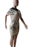 Red Street Print Pocket Patchwork V Neck Wrapped Skirt Dresses