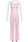 Pink Sexy Lace Patchwork See-Through Backless Spaghetti Strap Sling Dresses