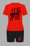 Red Casual Letter Print Basic O Neck Short Sleeve Two Pieces