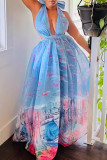Blue Celebrities Print Patchwork Backless Strap Design Halter Evening Dresses