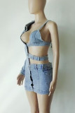 Light Blue Street Solid Color Hollow Out Pocket Patchwork V Neck Long Sleeve Skinny Denim Dresses