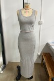 Grey Casual Solid Color Basic U Neck Sleeveless Two Pieces