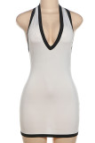 Cream White Sexy Patchwork Backless Contrast Deep V Neck Wrapped Skirt Dresses