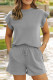 Grey Casual Solid Color Draw String Pocket Patchwork O Neck Short Sleeve Two Pieces