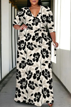 Apricot Casual Daily Flowers Print Lace Up V Neck Printed Plus Size Dresses