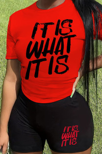 Red Casual Letter Print Basic O Neck Short Sleeve Two Pieces