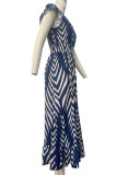 Blue Celebrities Stripe Patchwork V Neck Irregular Dresses