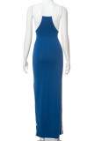 Blue Celebrities Patchwork Backless Contrast Spaghetti Strap Sling Dresses