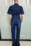 Deep Blue Casual Solid Color Pocket Buckle Patchwork Turndown Collar Regular Jumpsuits