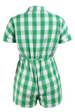 Green Casual Plaid Pocket Buckle Patchwork Strap Design Turndown Collar Loose Rompers