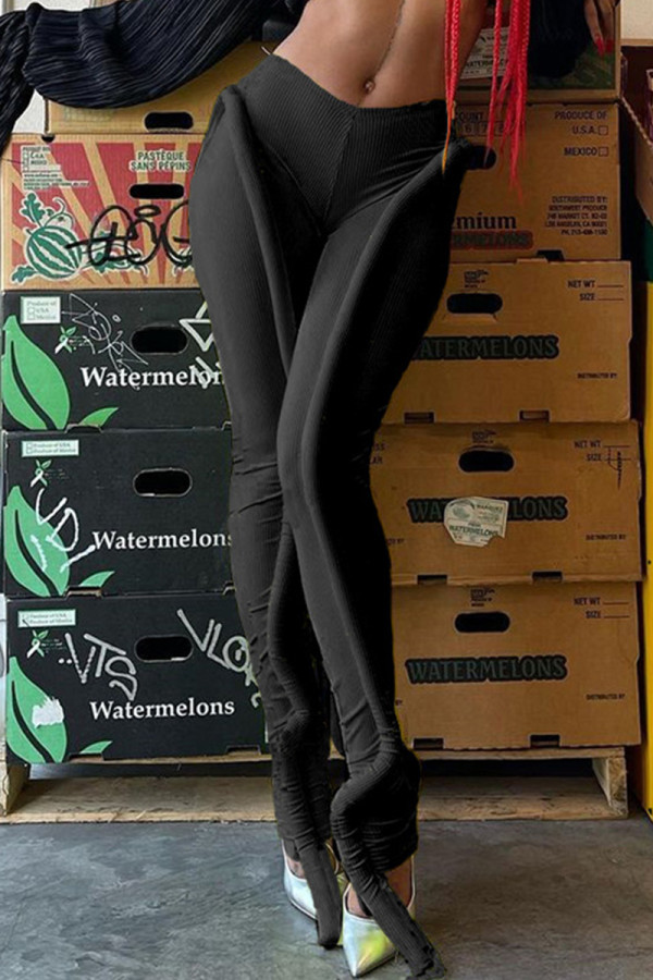 Black Street Solid Color Patchwork Skinny Mid Waist Pencil Patchwork Bottoms