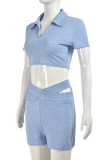 Light Blue Casual Solid Color Hollow Out Patchwork V Neck Short Sleeve Two Pieces