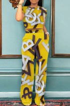 Yellow Casual Print Pocket Patchwork O Neck Short Sleeve Two Pieces