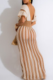 Camel Celebrities Hollow Out Patchwork Strap Design V Neck Short Sleeve Two Pieces
