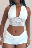Pink Sexy Solid Color Lace Patchwork Strap Design V Neck Sleeveless Two Pieces