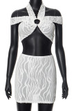 White Street Solid Color Hollow Out Patchwork Backless Halter Two Pieces