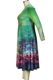 Green Celebrities Print Patchwork O Neck A Line Plus Size Dresses