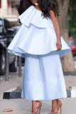 White Celebrities Solid Color Patchwork Ruffled Trim Oblique Collar Two Pieces
