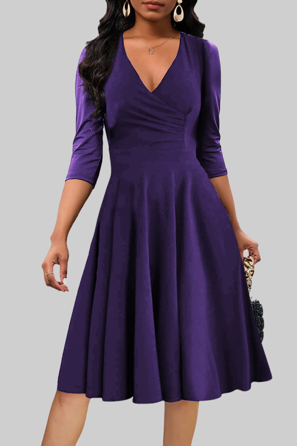 Purple Celebrities Solid Color Patchwork Ruched V Neck A Line Dresses
