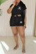 Black Casual Letter Print Slit Turndown Collar Short Sleeve Two Pieces