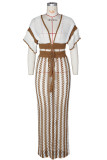 Camel Celebrities Hollow Out Patchwork Strap Design V Neck Short Sleeve Two Pieces