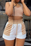 White Casual Draw String Pocket Patchwork Loose High Waist Straight Patchwork Bottoms